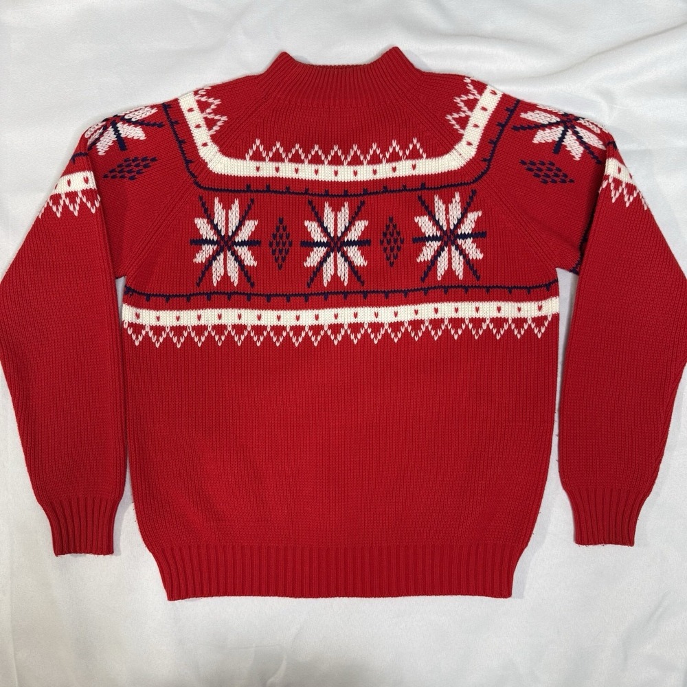 Vintage JC Penny Sweater Womens M 70s Knit Fair Isle Ski Snowflake Red Snow VTG‎